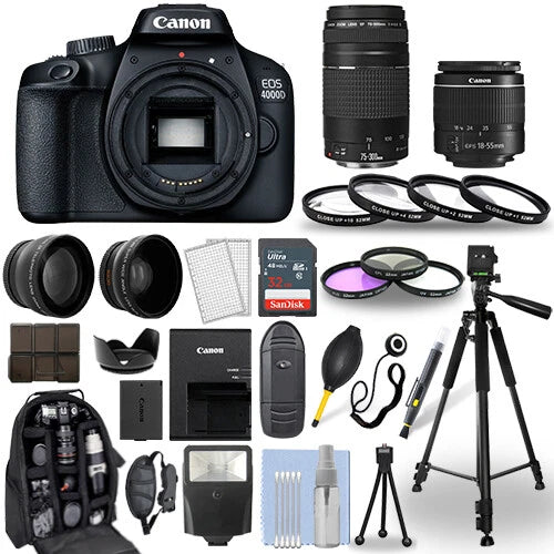 Canon EOS 4000D / Rebel T100 DSLR Camera + 18-55mm + 75-300mm + 30 Piece Bundle